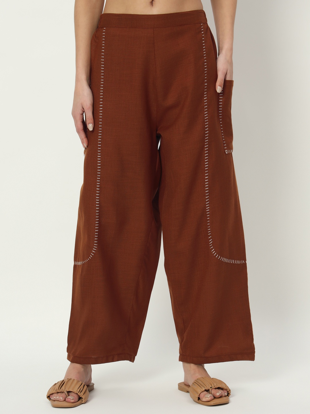 

9rasa Women Loose Fit High-Rise Easy Wash Parallel Trousers, Brown