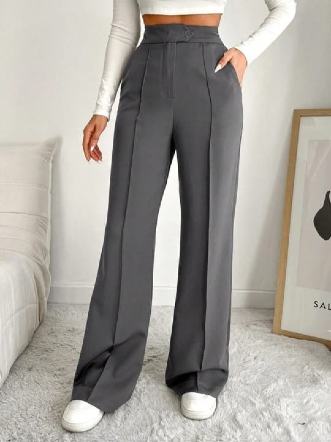 

Next One Women Smart Straight Fit High-Rise Easy Wash Pleated Trousers, Grey