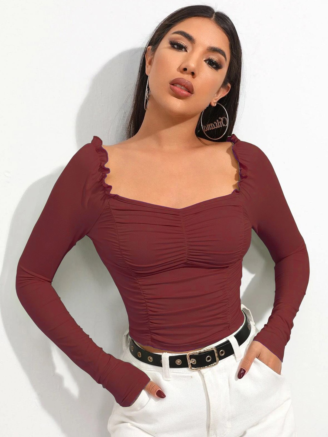 

AVANOVA Women Sweetheart Neck Long Sleeves Ruched Fitted Crop Top, Maroon