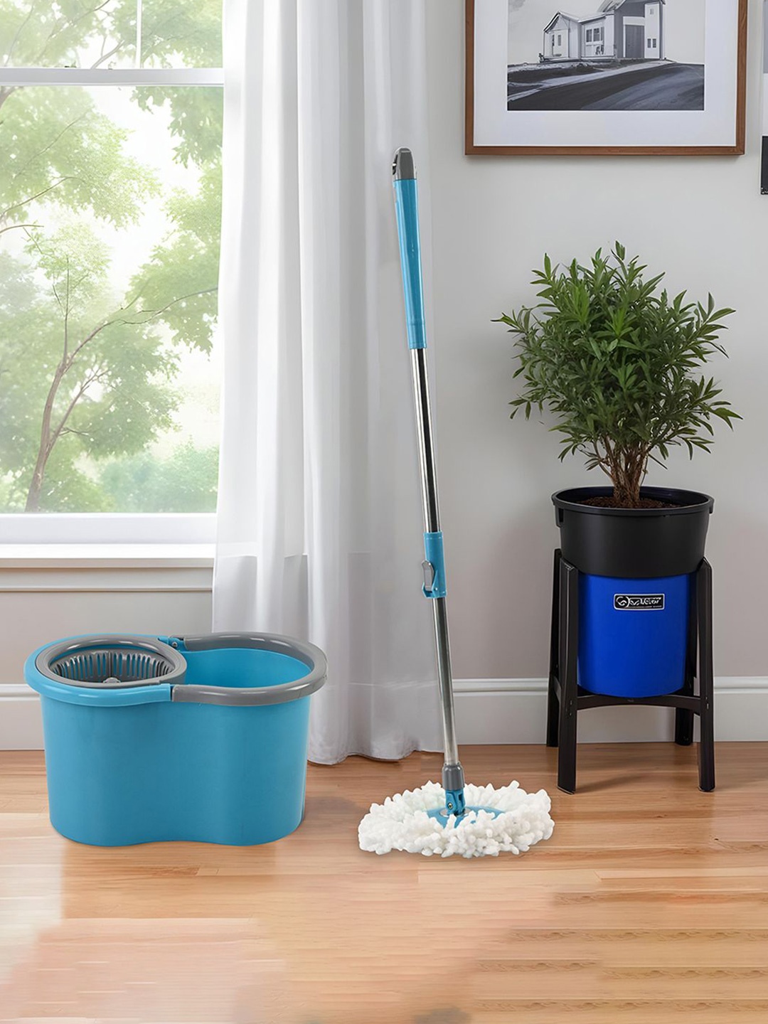

Kuber Industries Blue & White Spin Mopping Bucket With 2 Refills