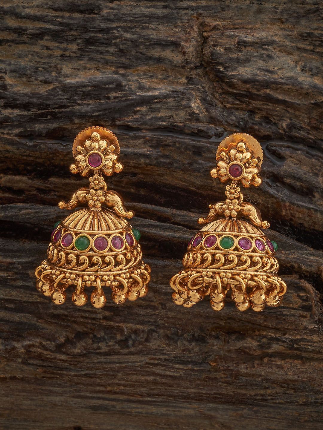 

Kushal's Fashion Jewellery Ruby-Green Gold-Plated Dome Shaped Antique Jhumkas Earrings