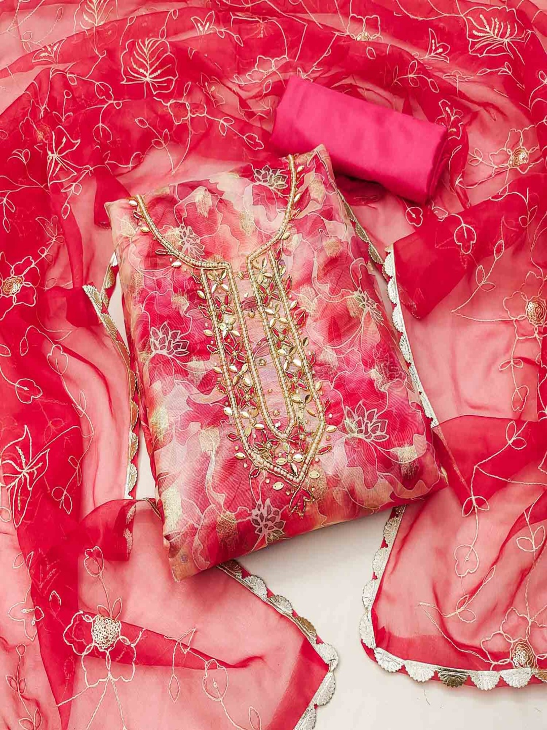 

NEGRONI Floral Embroidered Organza Beads And Stones Unstitched Dress Material, Pink