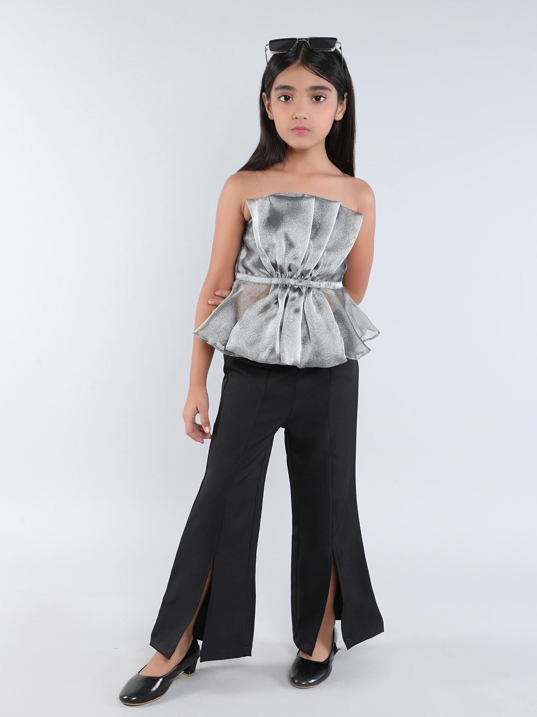 

taffykids Girls Ruffle Shoulder Straps Peplum Top With Trousers, Grey