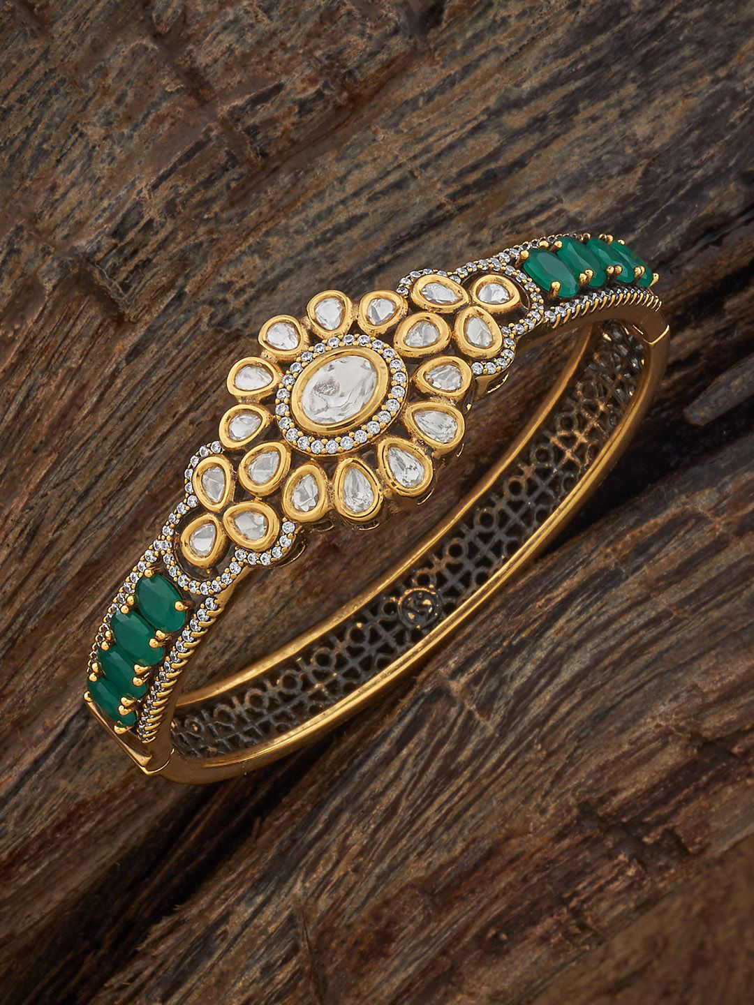 

Kushal's Fashion Jewellery Women Green Victorian-Plated Kundan Kada Bangle, Gold