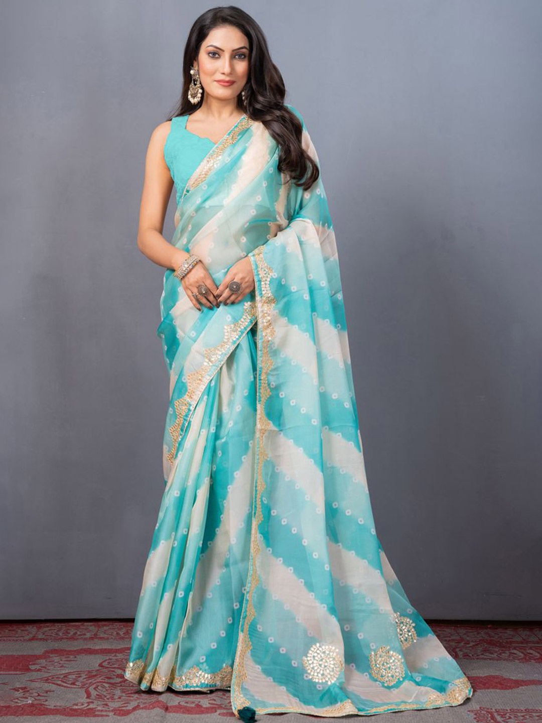 

KAJREE Striped Embroidered Organza Saree, Blue