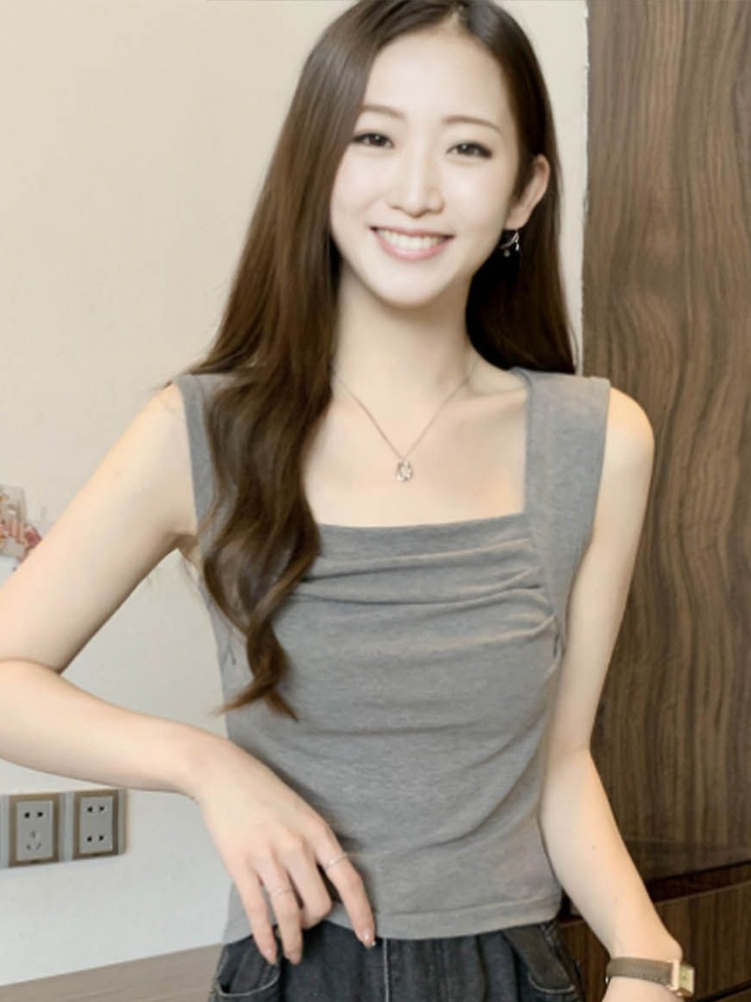

StyleCast Women Square Neck Fitted Top, Grey