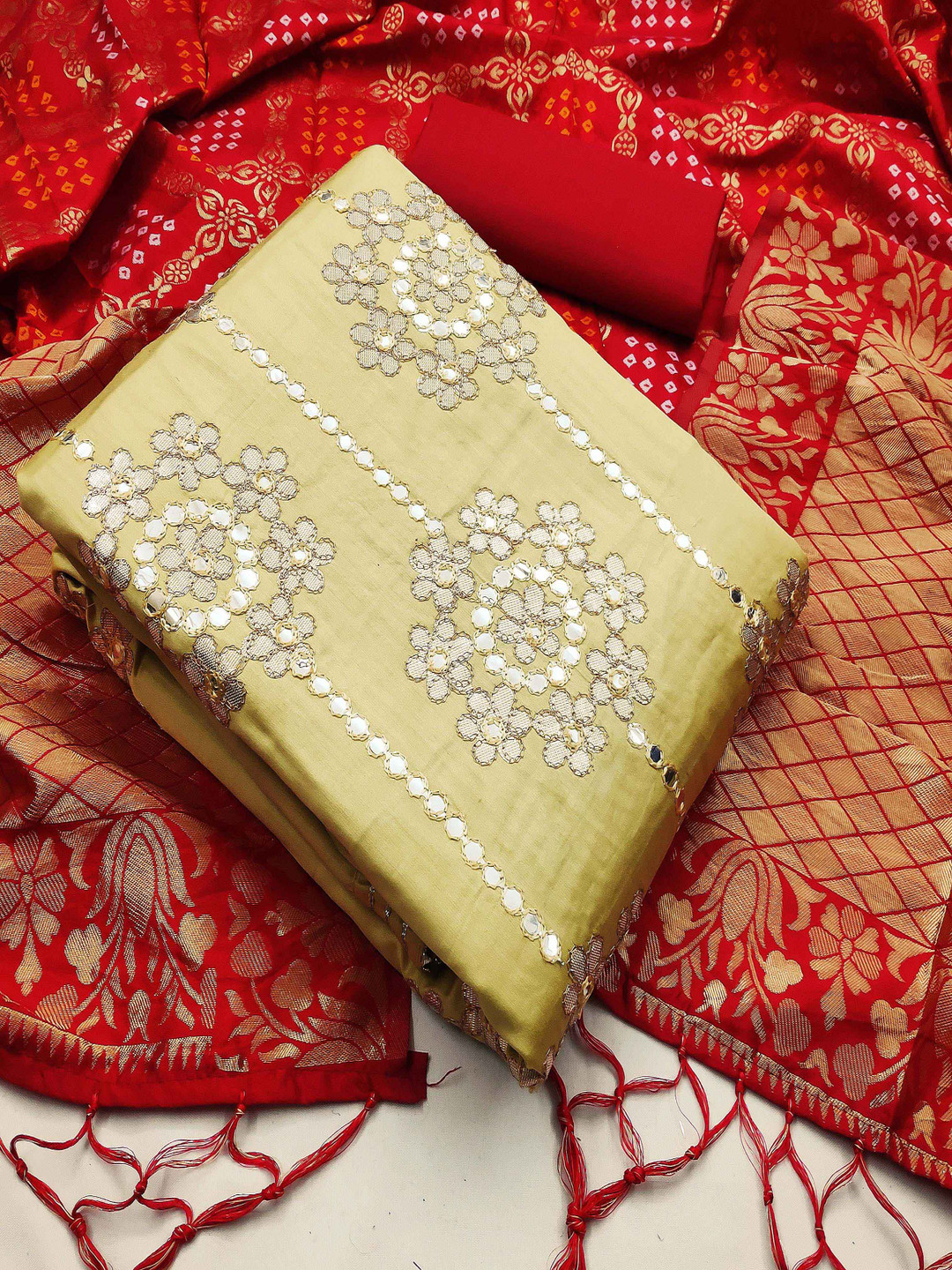 

HERE&NOW Floral Embellished Mirror Work Unstitched Dress Material, Beige