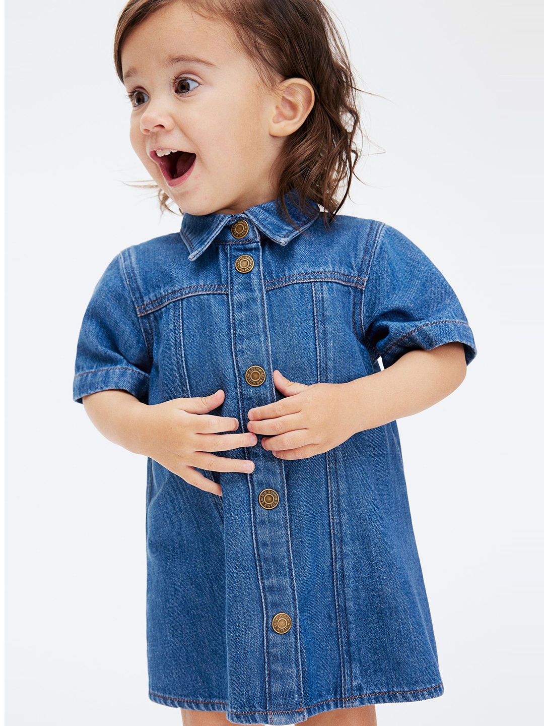 

H&M Girl Solid Mini Short Sleeves A-line Denim Dress, Blue