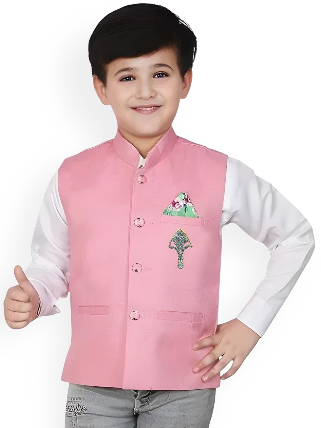 

Qitty Boys Mandarin Collar Cotton Jute Nehru Jacket With Shirt & Pocket Square, Pink