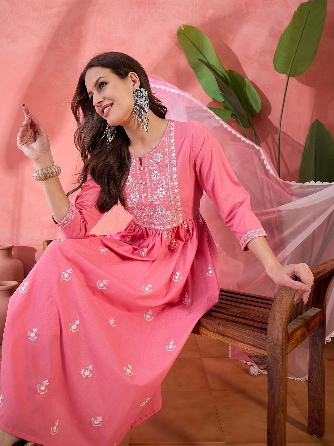 

Sangria Peach Embroidered Notch Neck Pure Cotton Anarkali Kurta With Trouser & Dupatta