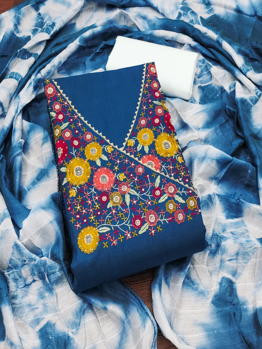 

HERE&NOW Floral Embroidered Unstitched Dress Material, Blue