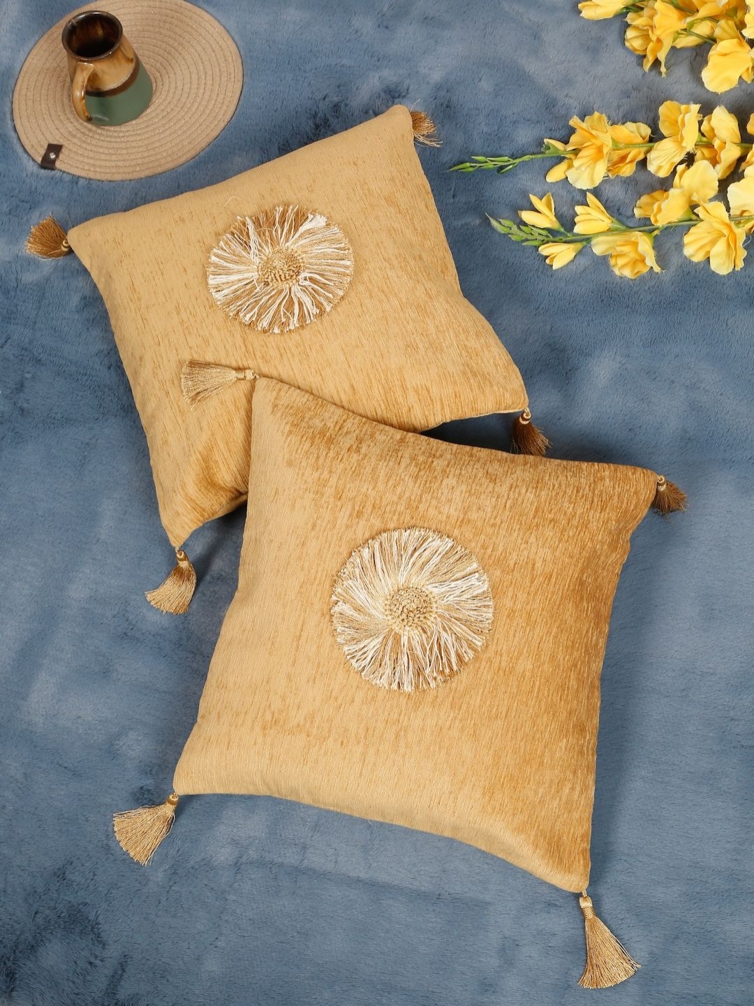 

SOKNACK Camel Brown & White 2 Pieces Embroidered Velvet Square Tasselled Cushion Covers