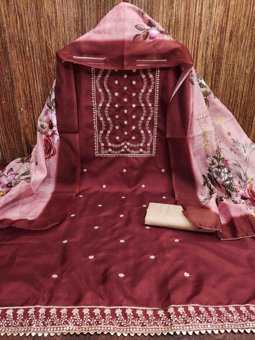 

Blissta Floral Embroidered Unstitched Dress Material, Maroon