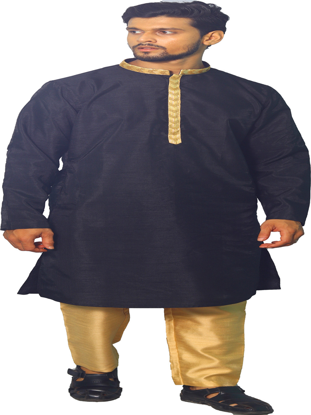 

House of Aqss Mandarin Collar Thread Work Dupion Silk Straight Kurta With Pyjamas, Black