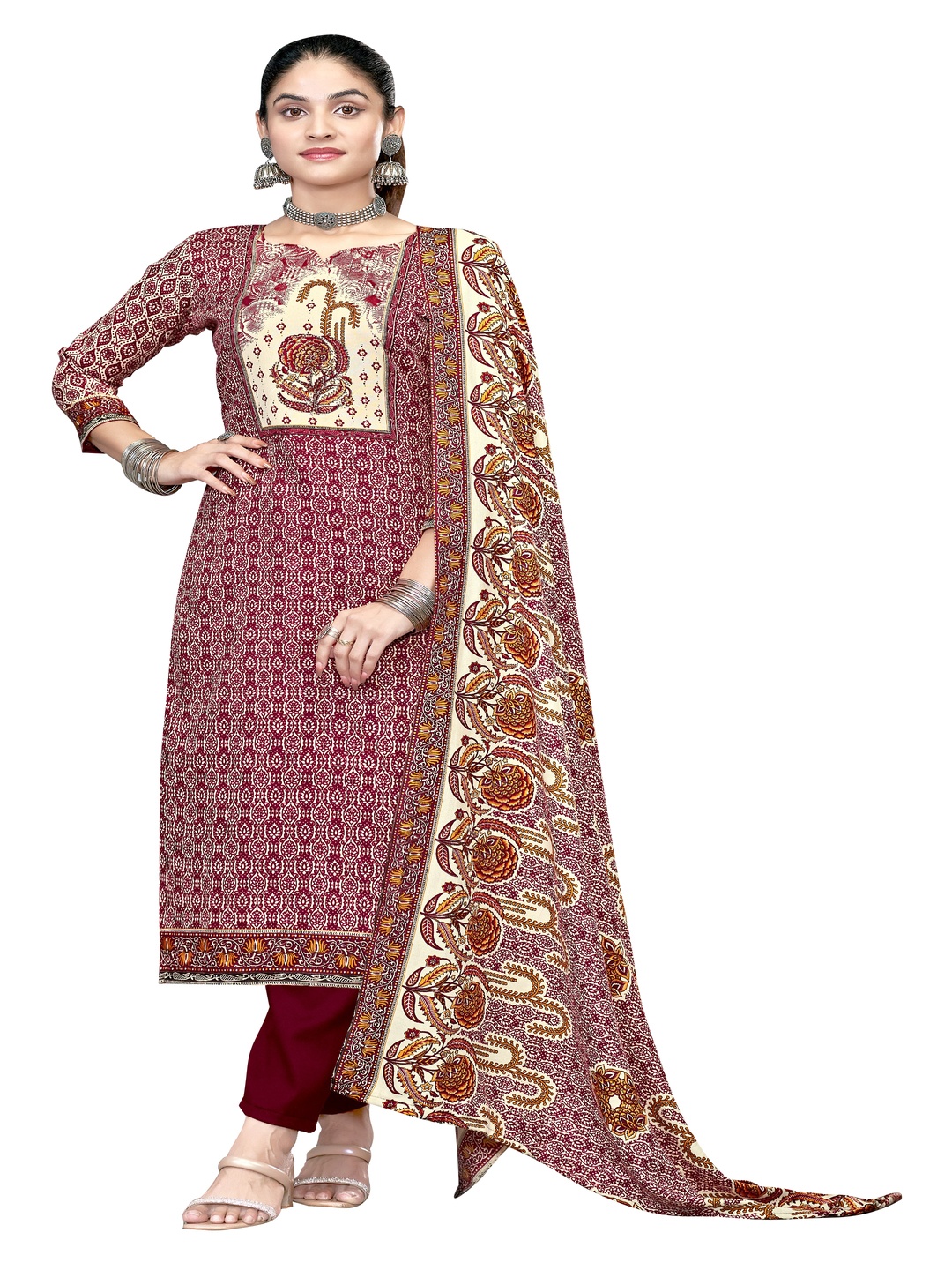 

DRAVINAM Trends Floral Printed Pashmina Unstitched Dress Material, Maroon