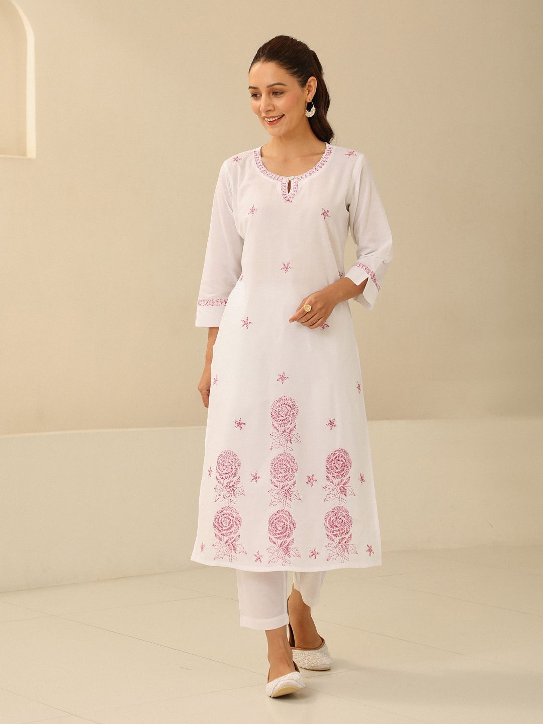 

House of Chikankari Cotton Chikankari Solid Women's 2 PC Long Kurta Set - White