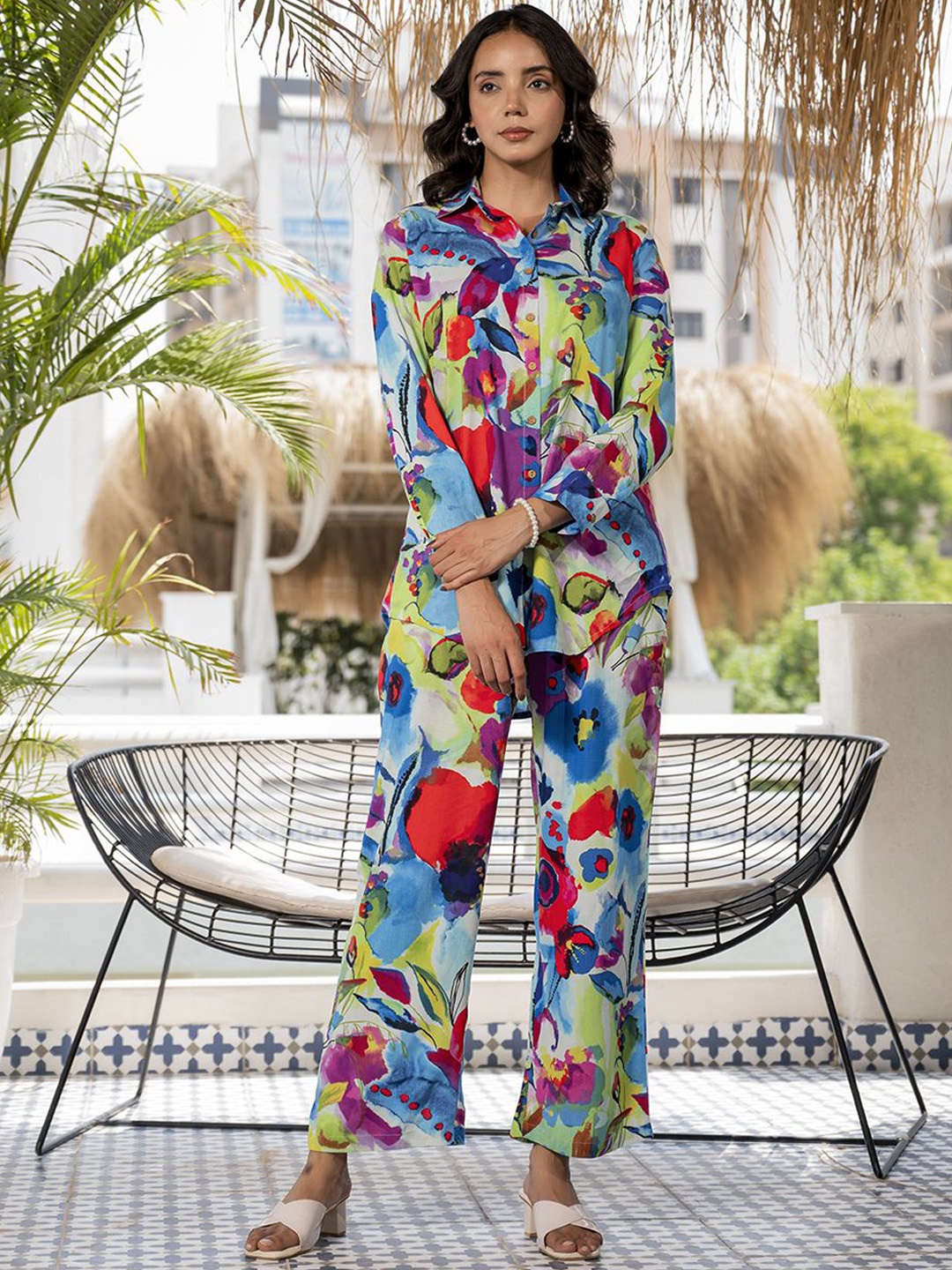 

Chandbaali Floral Printed Shirt Collar Shirt With Trouser, Blue