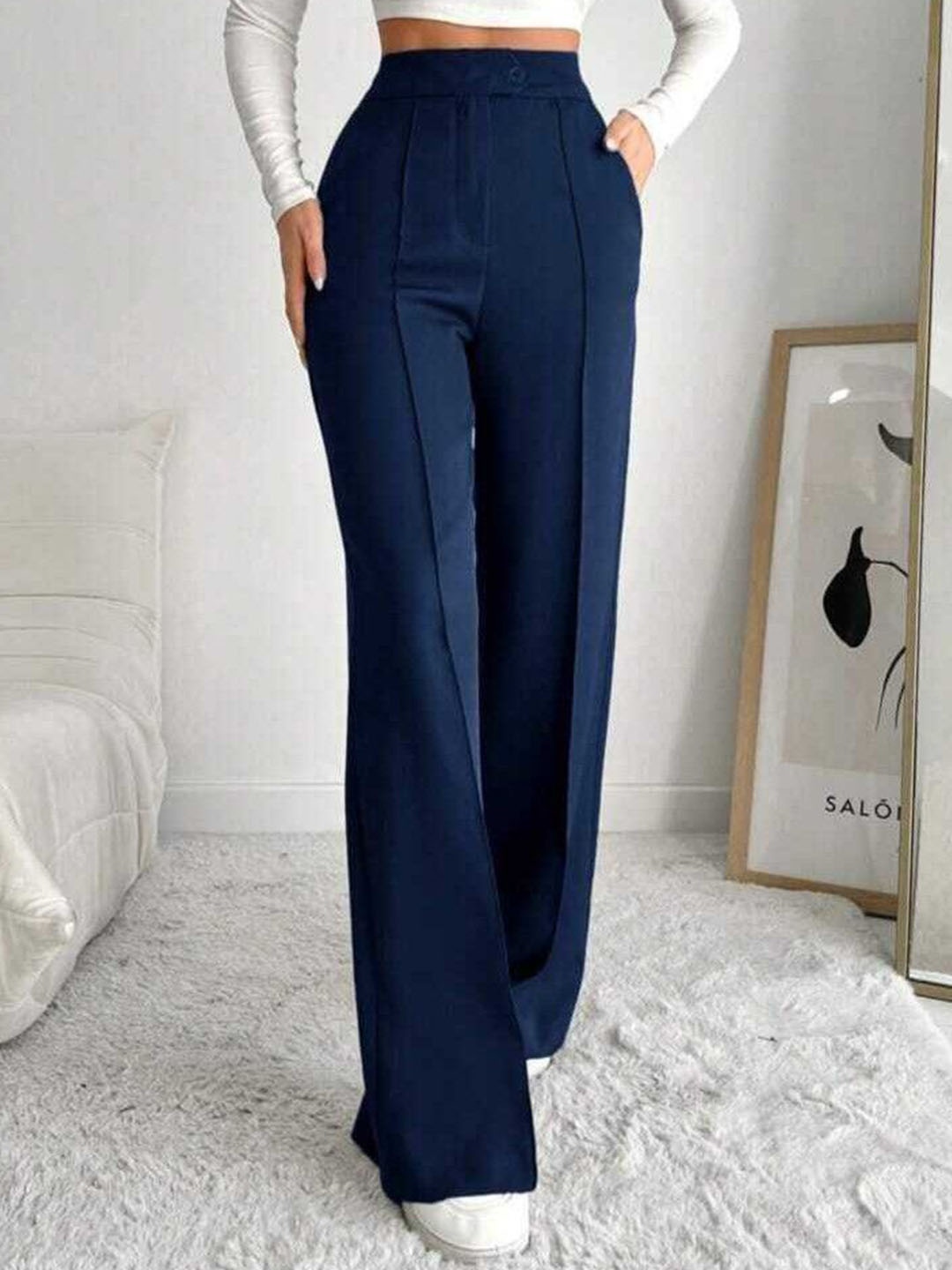 

BROADSTAR Women Smart Straight Fit High-Rise Easy Wash Pleated Trousers, Navy blue