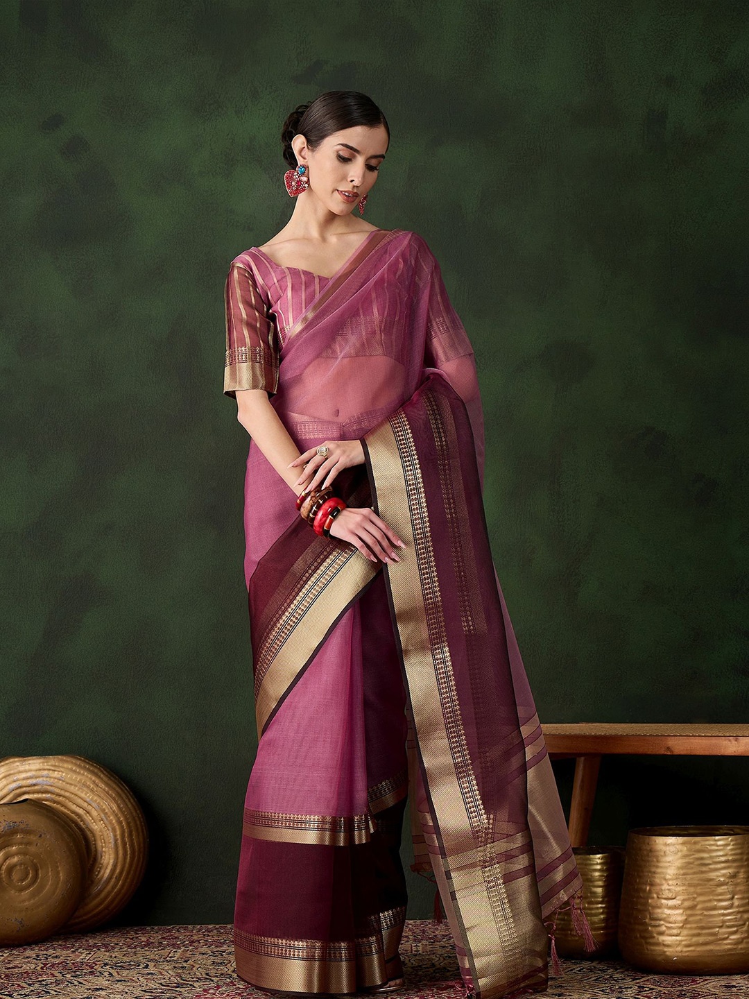 

HERE&NOW Zari Organza Saree, Burgundy