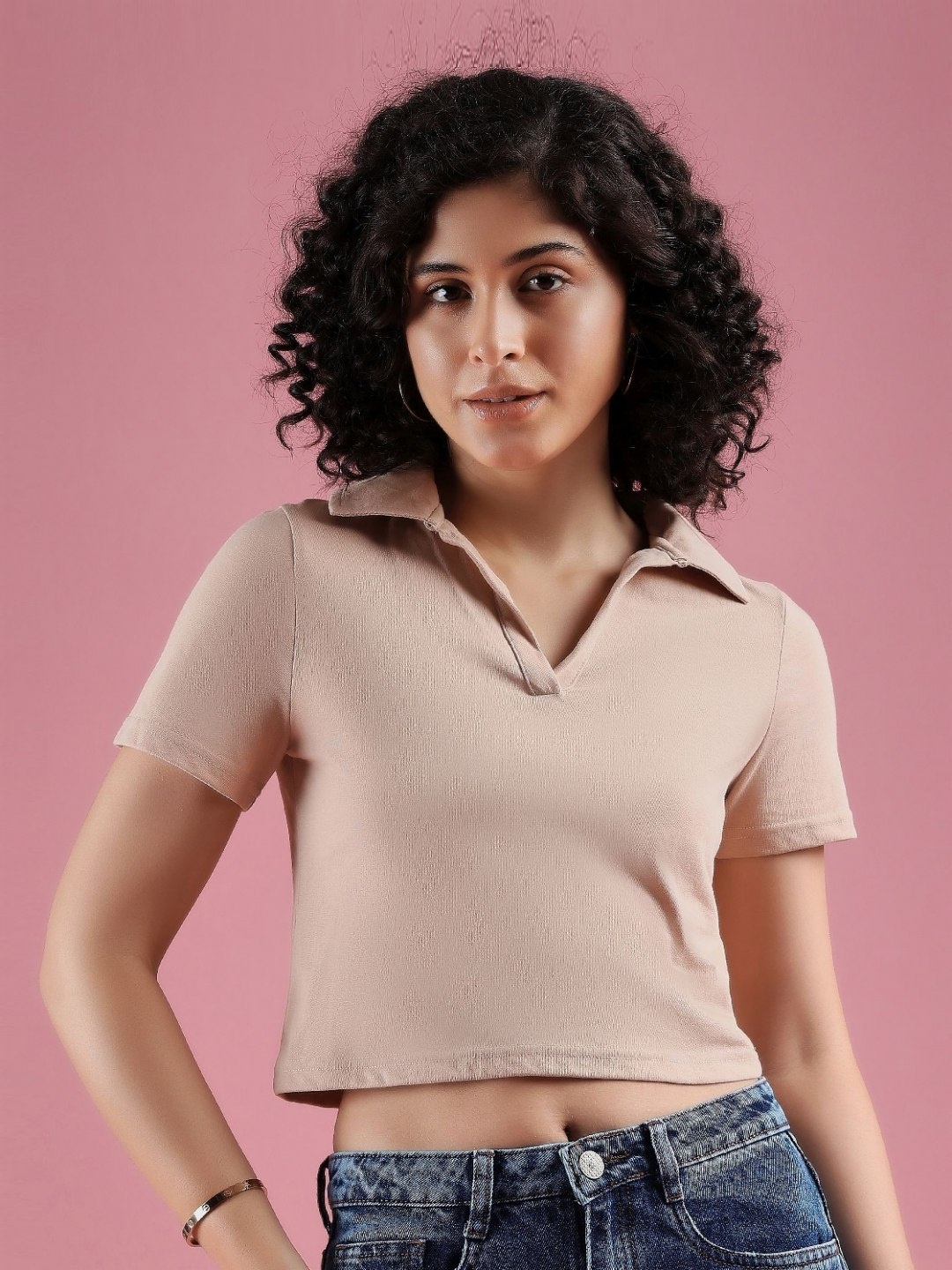 

DressBerry Women Solid Polo Collar Cotton Boxy T-shirt, Beige
