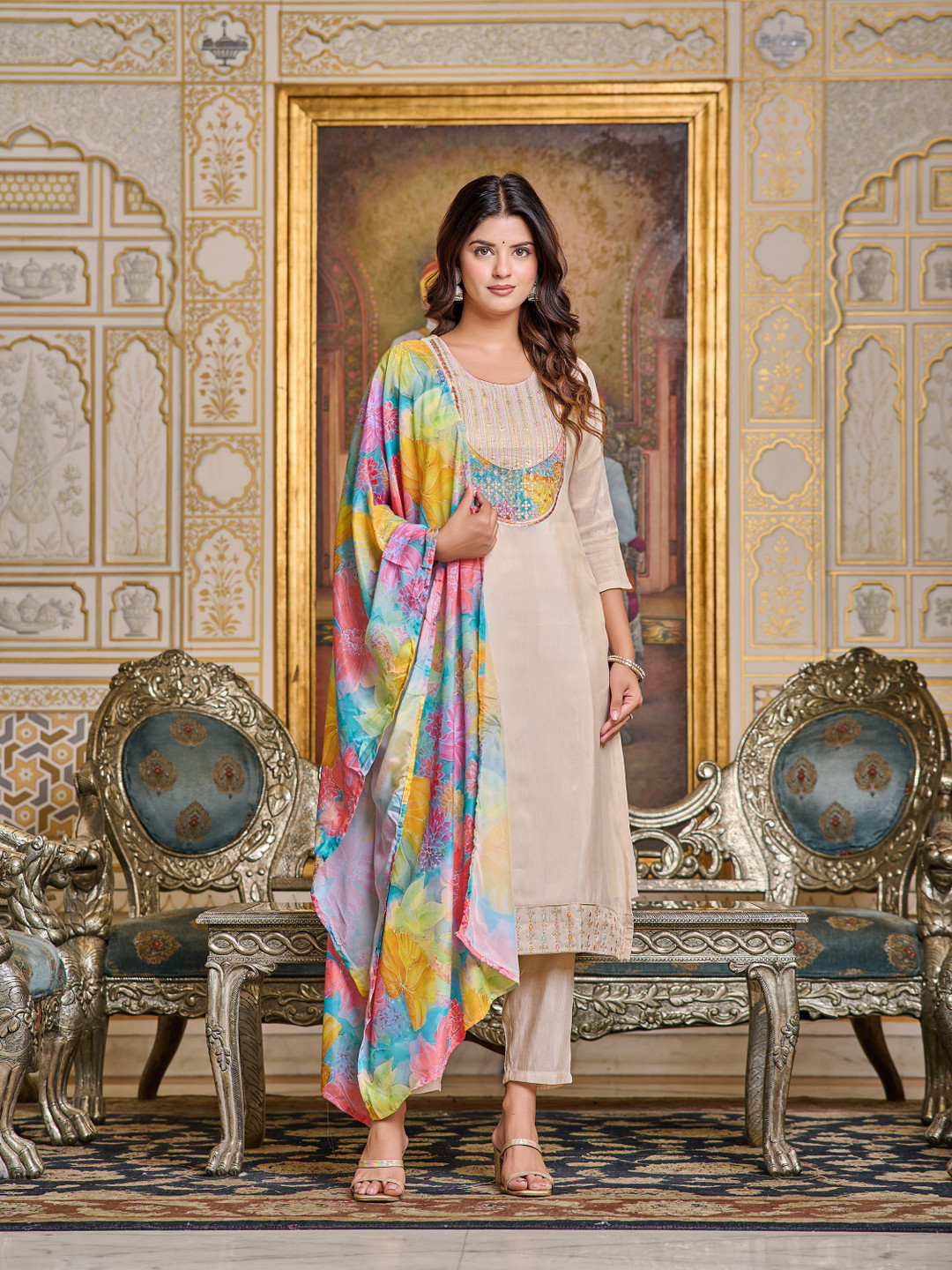 

RV CREATION Floral Yoke Design Sequinned Straight Kurta With Trouser And Dupatta, Beige