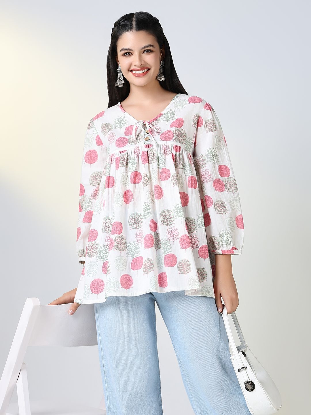 

SHOWOFF Tie-Up Neck Printed Tunic, White