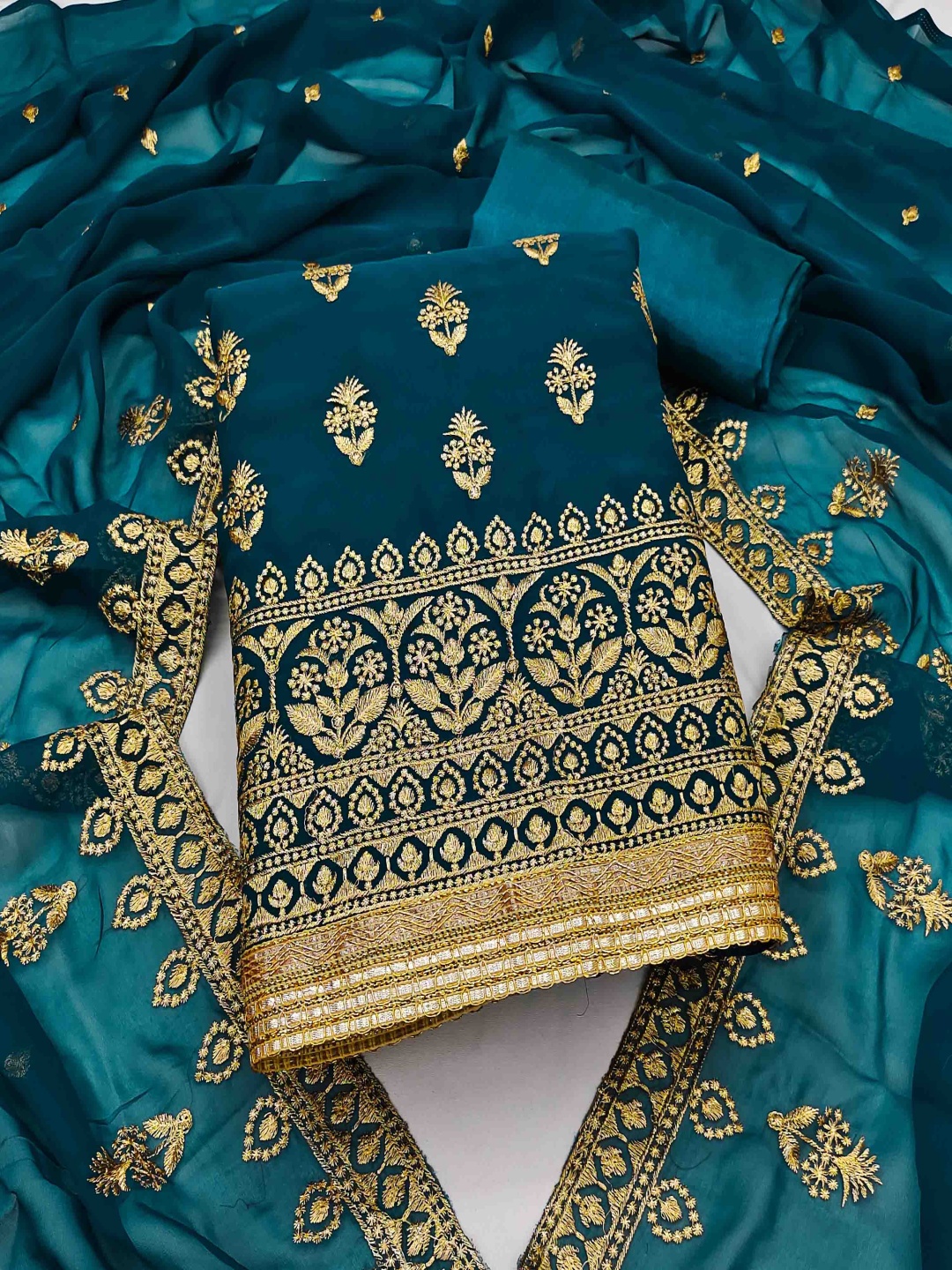 

Blissta Floral Embroidered Georgette Unstitched Dress Material, Teal
