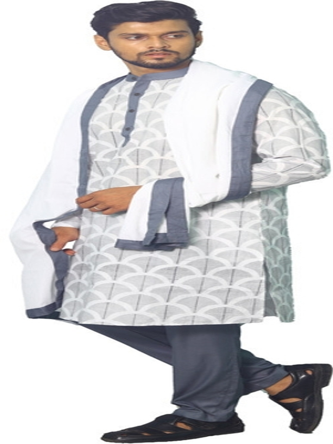 

House of Aqss Geometric Printed Band Collar Straight Kurta With Trouser And Dupatta, White