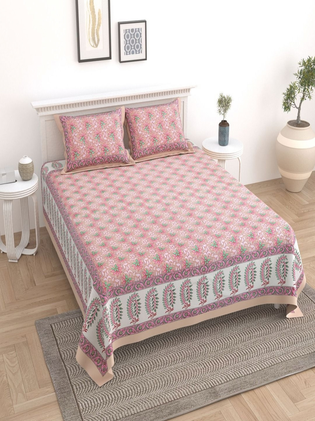 

Myntra Elegant Homes Pink & White Printed Cotton 180 TC King Bedsheet Set 2.74 m x 2.54m