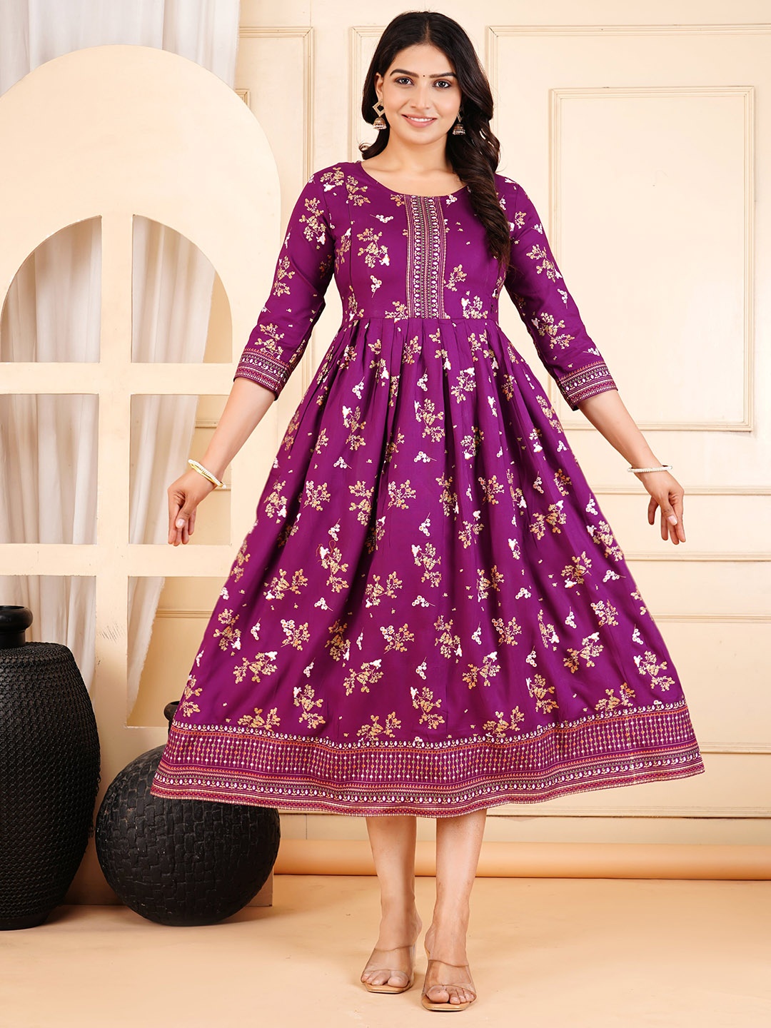 

clothonus Asha Floral Printed Fit & Flare Maternity Ethnic Dress, Purple