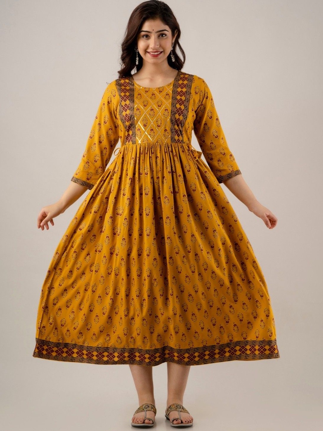 

clothonus Asha Floral Printed Gotta Patti Fit & Flare Maternity Ethnic Dress, Yellow
