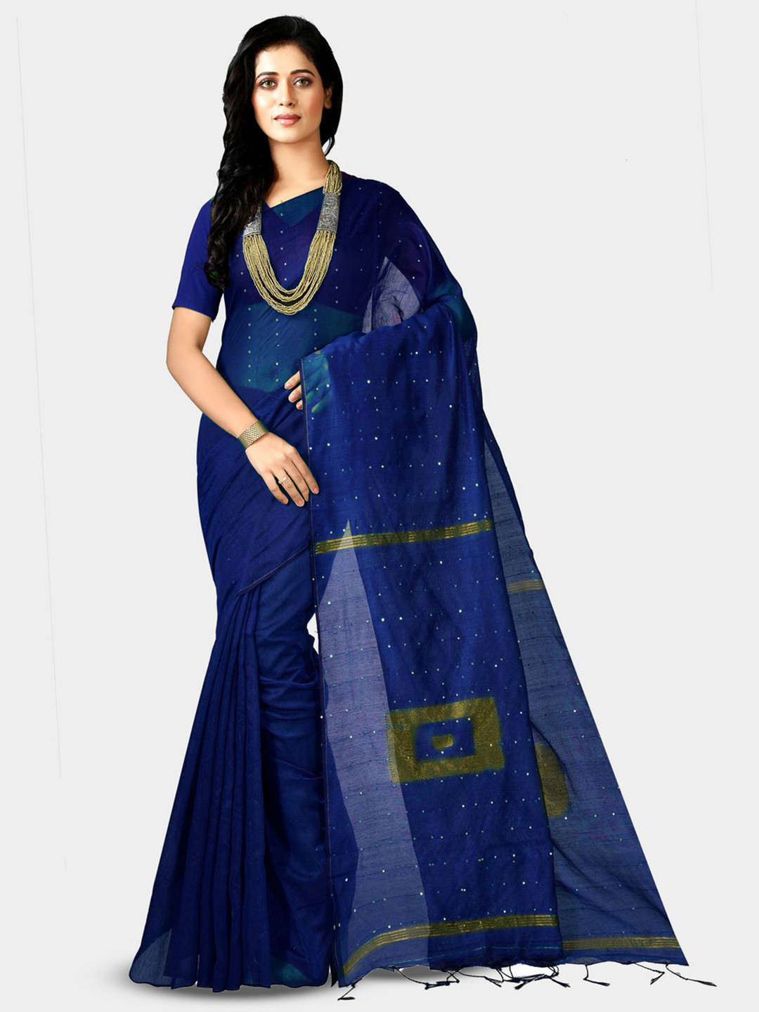 

Crochetin women Woven Design Silk Cotton Ready to Wear Saree, Blue