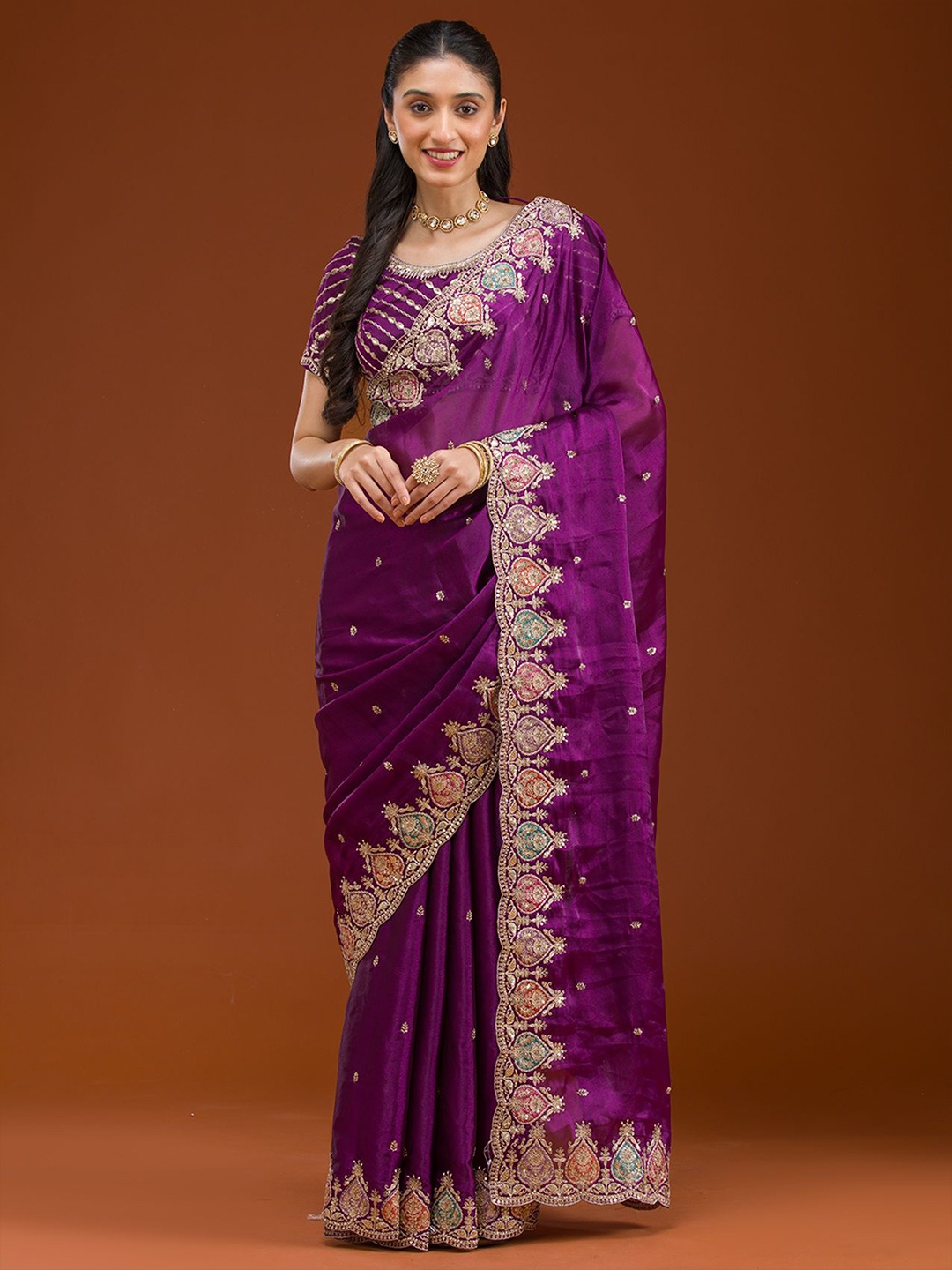 

Koskii Ethnic Motifs Mirror Work Tissue Saree, Purple