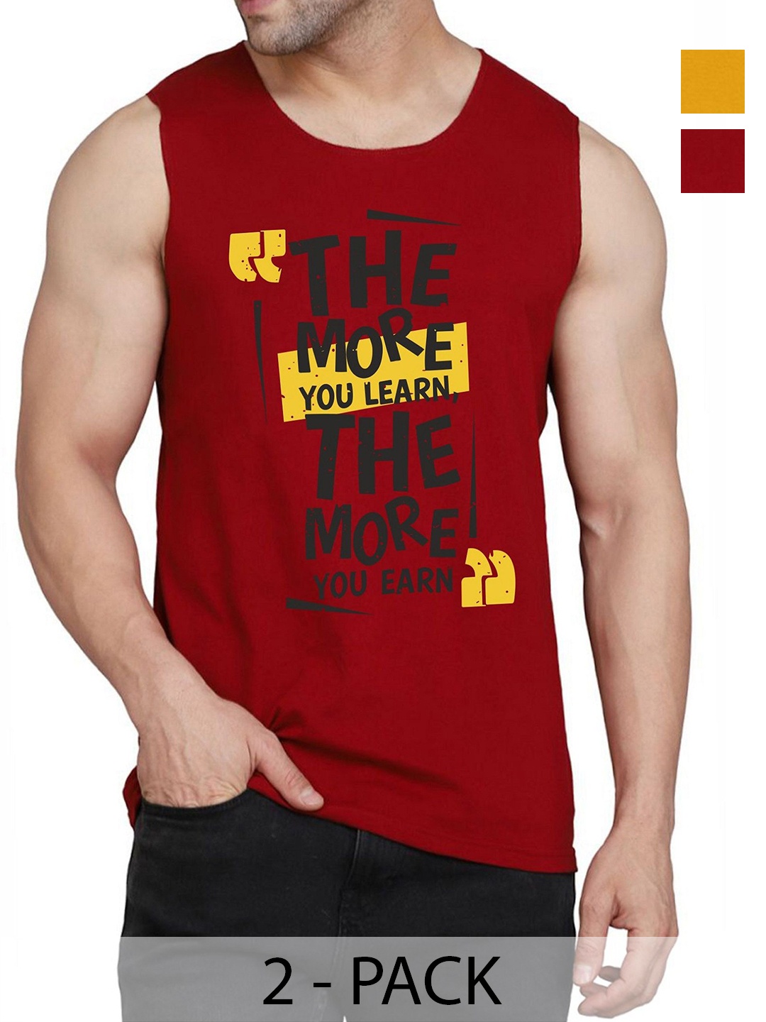 

WOOSTRO Men Pack Of 2 Typography Printed Round Neck Cotton Slim Fit T-shirts, Mustard