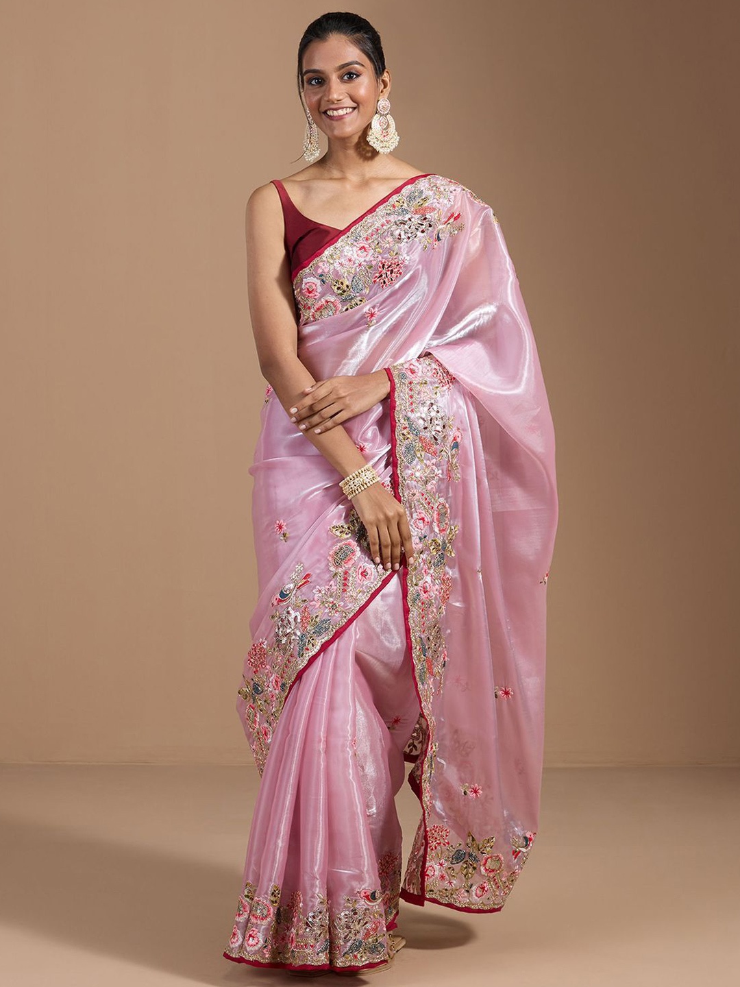 

Moda Rapido Floral Sequinned Organza Heavy Work Saree, Pink