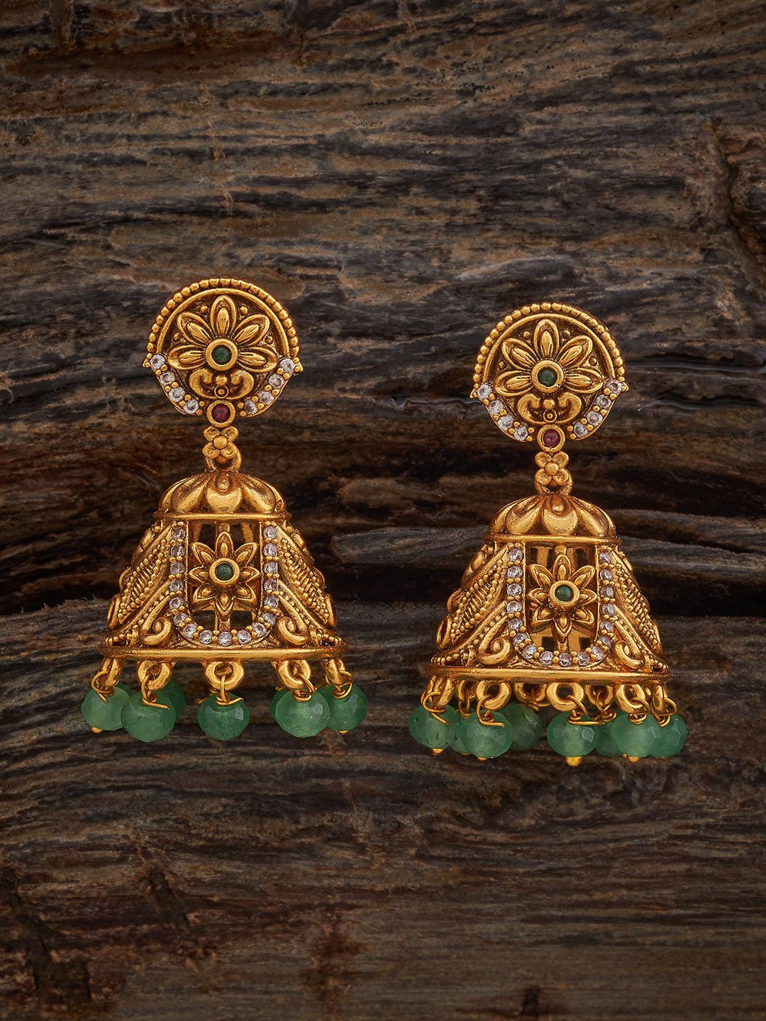 

Kushal's Fashion Jewellery Ruby-Green Gold-Plated Dome Shaped Antique Jhumkas Earrings