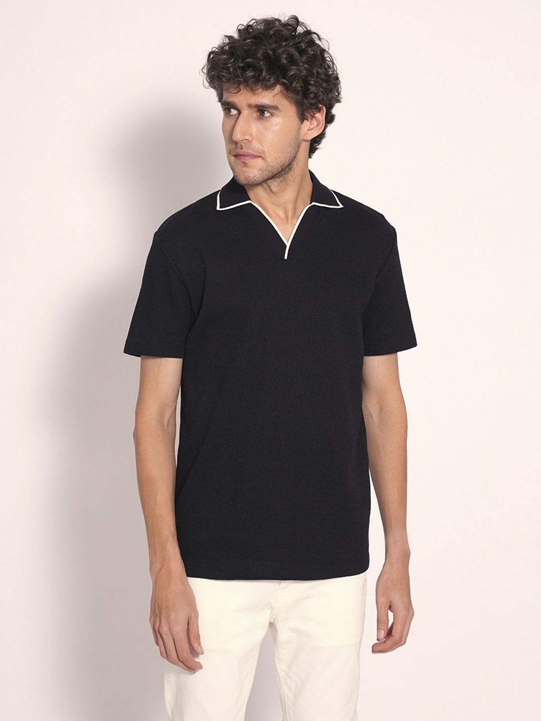 

SELECTED Men Solid Polo Collar Cotton T-shirt, Black