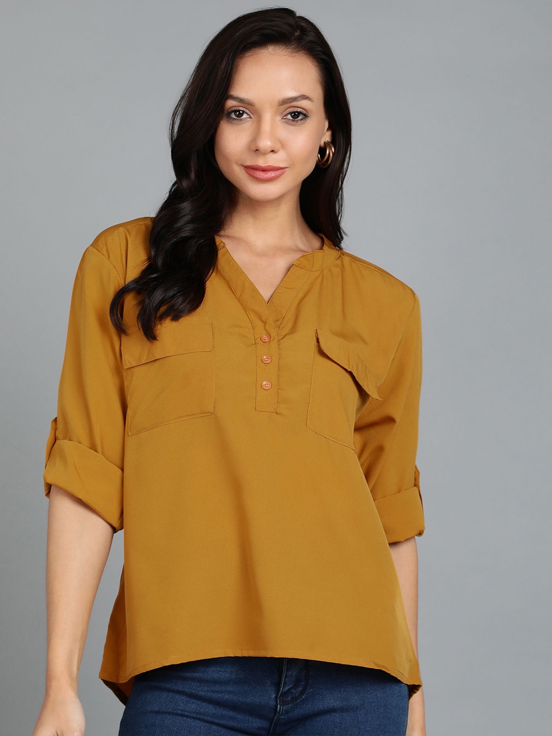 

KASHIAN Women Mandarin Collar Regular Shirt Style Top, Yellow