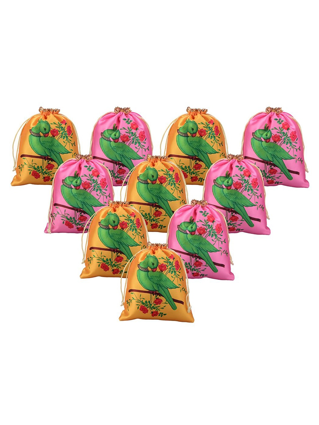 

Kuber Industries Yellow 10 Pieces Parrot Printed Satin Potli Clutchs