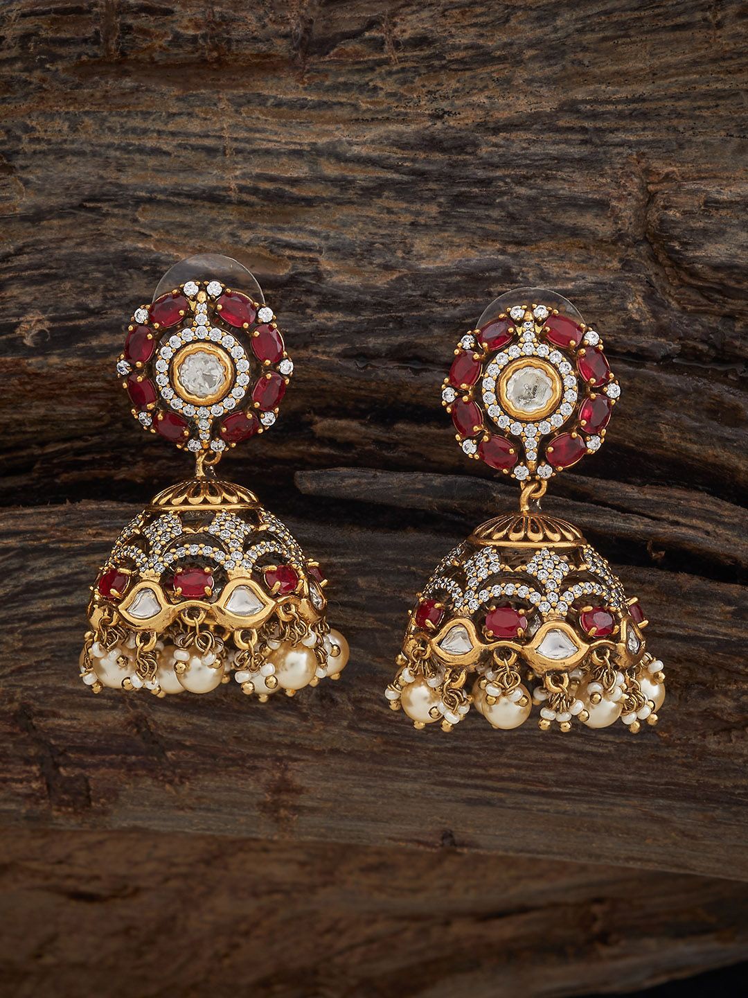 

Kushal's Fashion Jewellery Victorian-Plated Dome Shaped Kundan Jhumkas, Gold