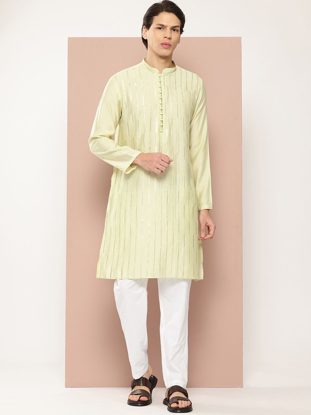 

See Designs Woven Design Mandarin Collar Chanderi Silk Straight Kurta, Green