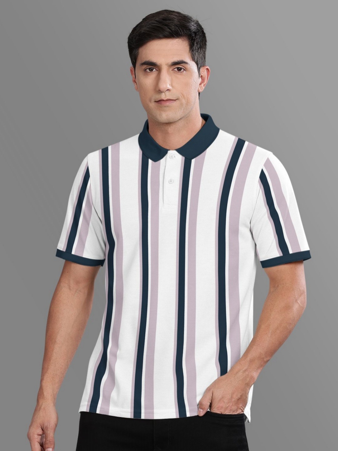 

BULLMER Men Striped Polo Collar Cotton T-shirt, Purple