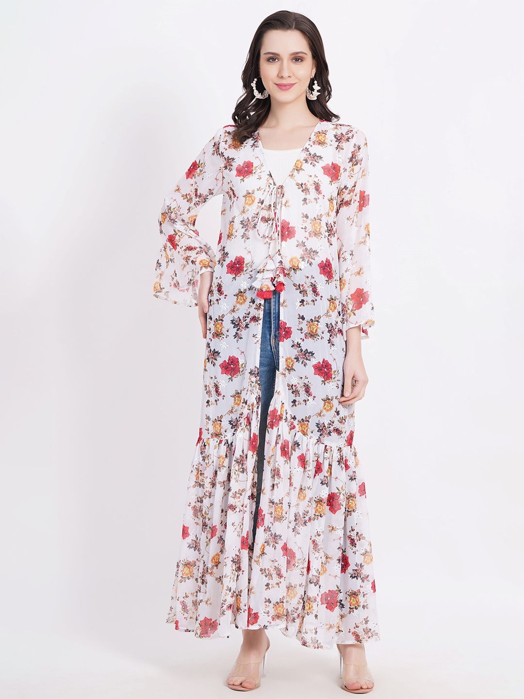 

SUFIZA LIFESTYLE Floral Printed Longline Tie-Up Georgette Shrug, White