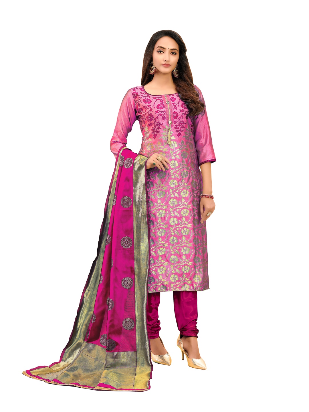 

HERE&NOW Floral Woven Design Banarasi Jacquard Unstitched Dress Material, Pink