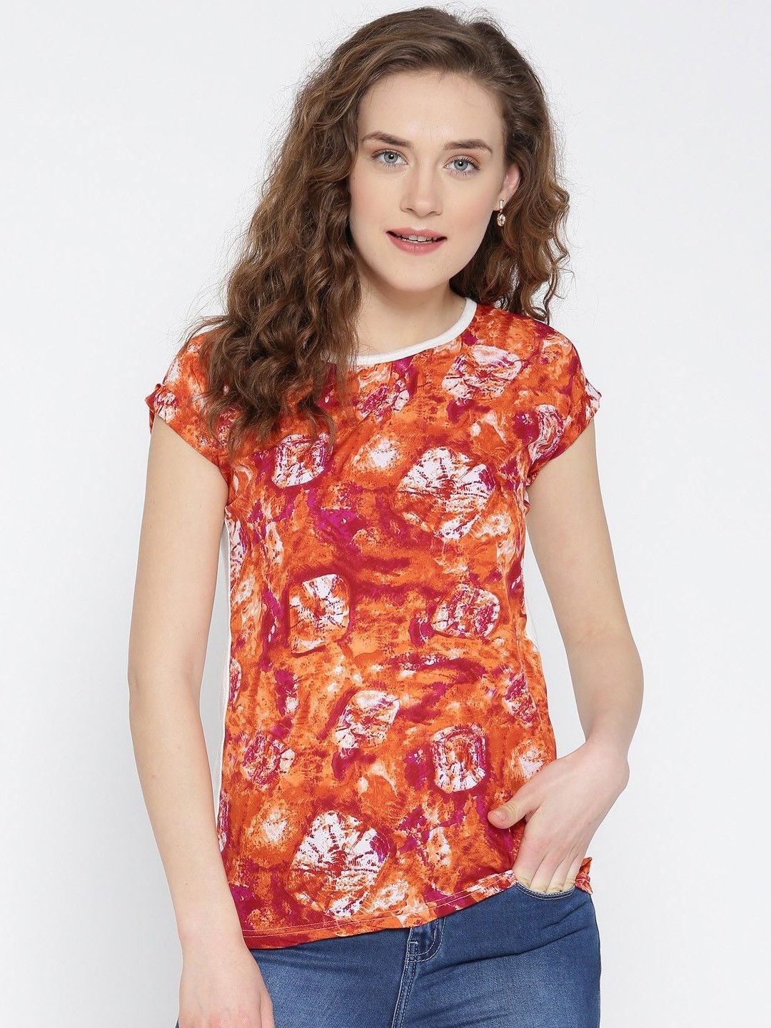 

Moda Rapido Women Abstract Printed Round Neck Cotton Slim Fit T-shirt, Orange
