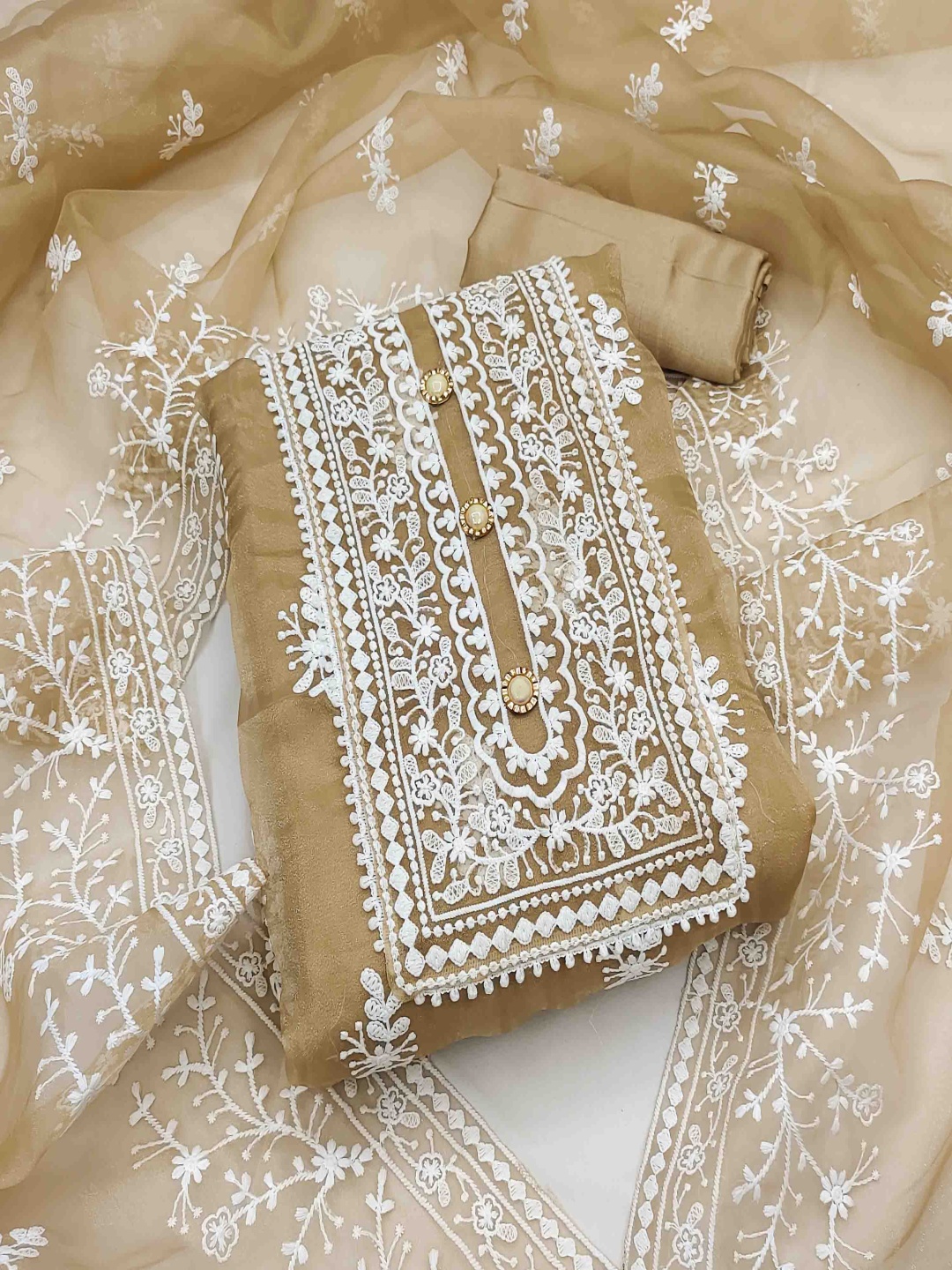 

Blissta Ethnic Motifs Embroidered Organza Unstitched Dress Material, Khaki