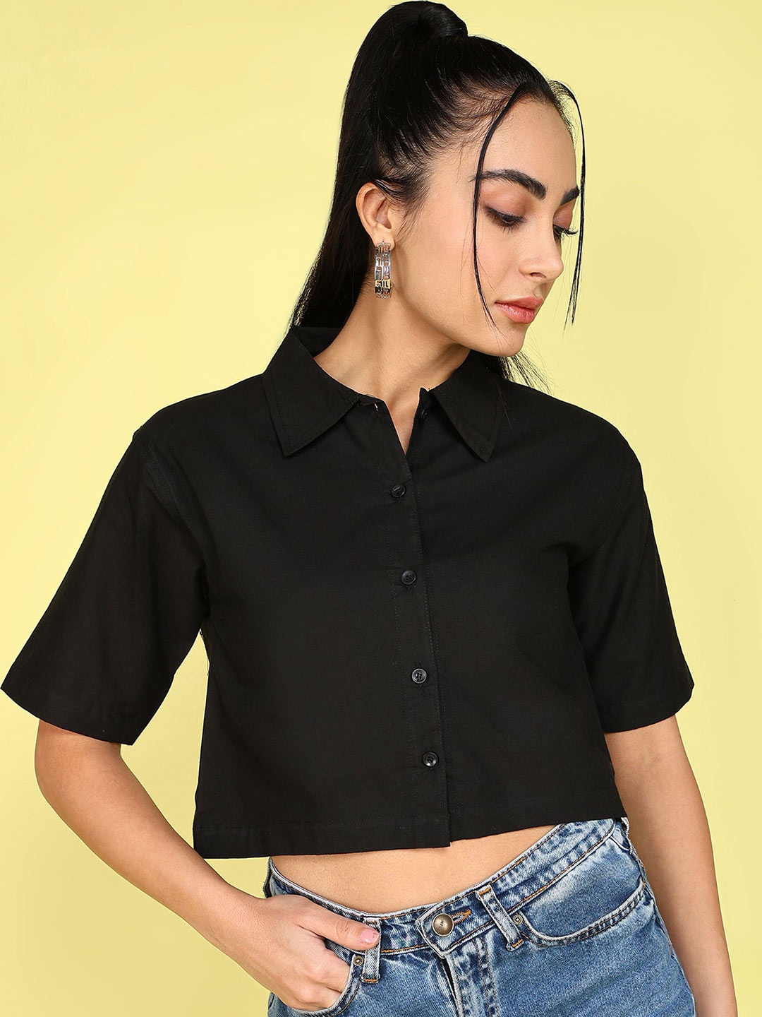 

KASHIAN Women Boxy Fit Spread Collar Solid Cotton Casual Shirt, Black