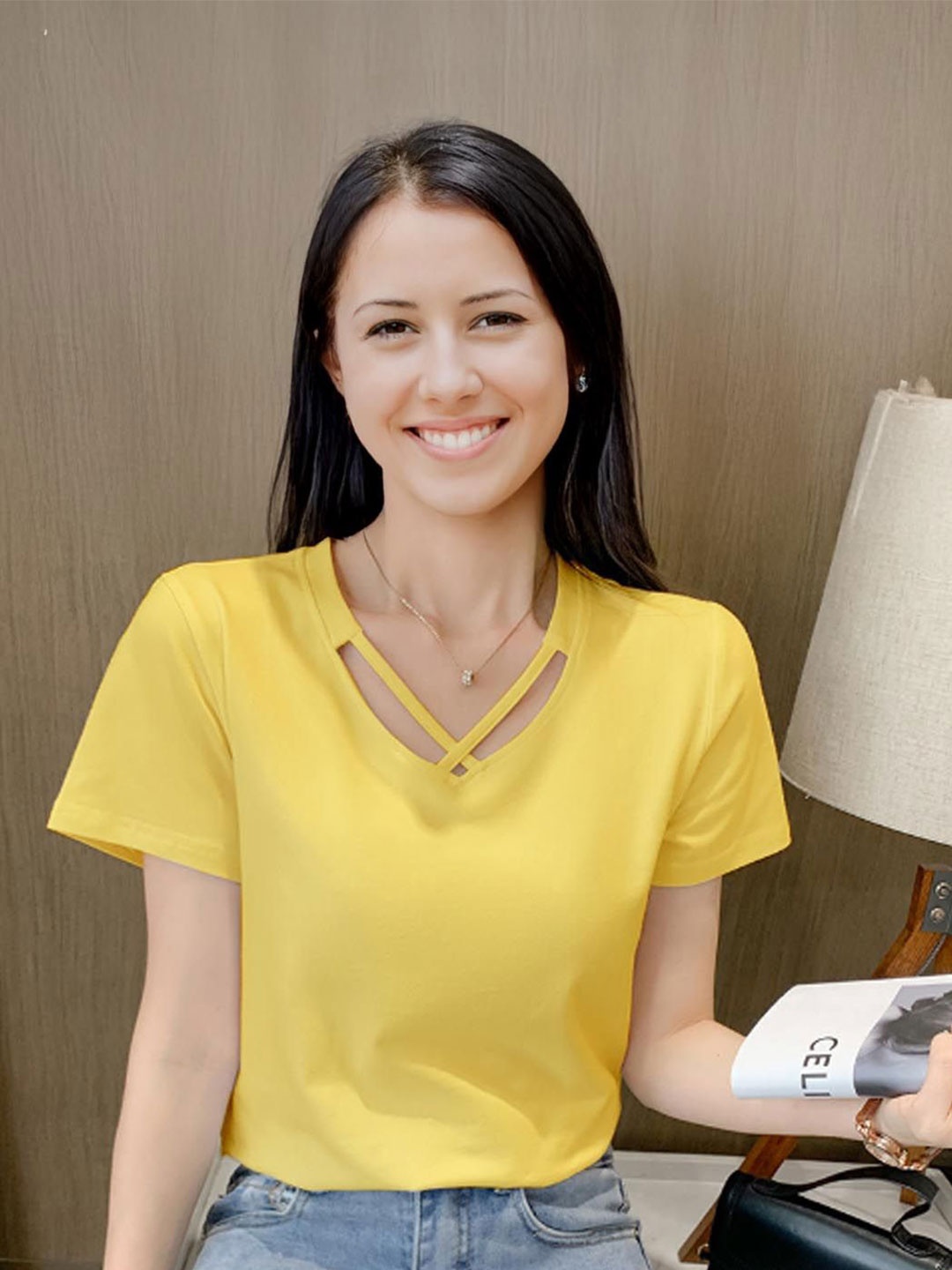 

StyleCast Women V-Neck Short Sleeves Top, Yellow