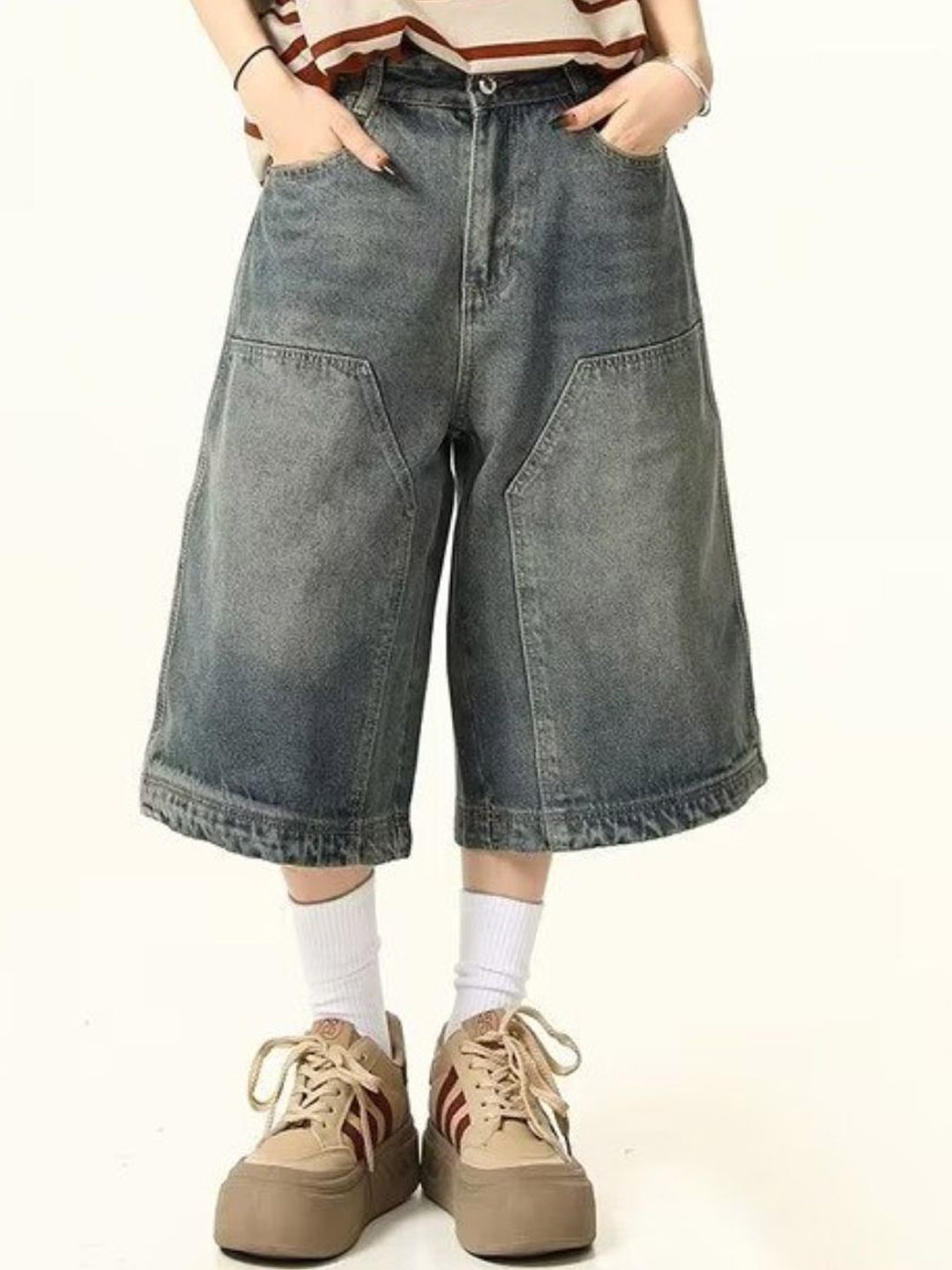

HERE&NOW Women Loose Fit Mid-Rise Cotton Denim Shorts, Blue