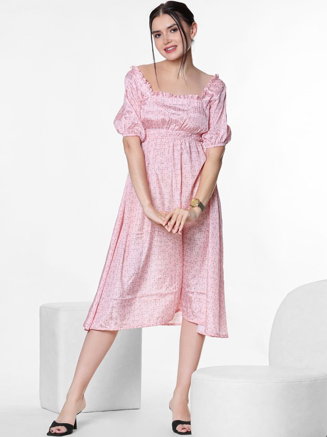 

aaRVee STUDIO Floral Print Puff Sleeve Ruffled Crepe A-Line Midi Dress, Pink